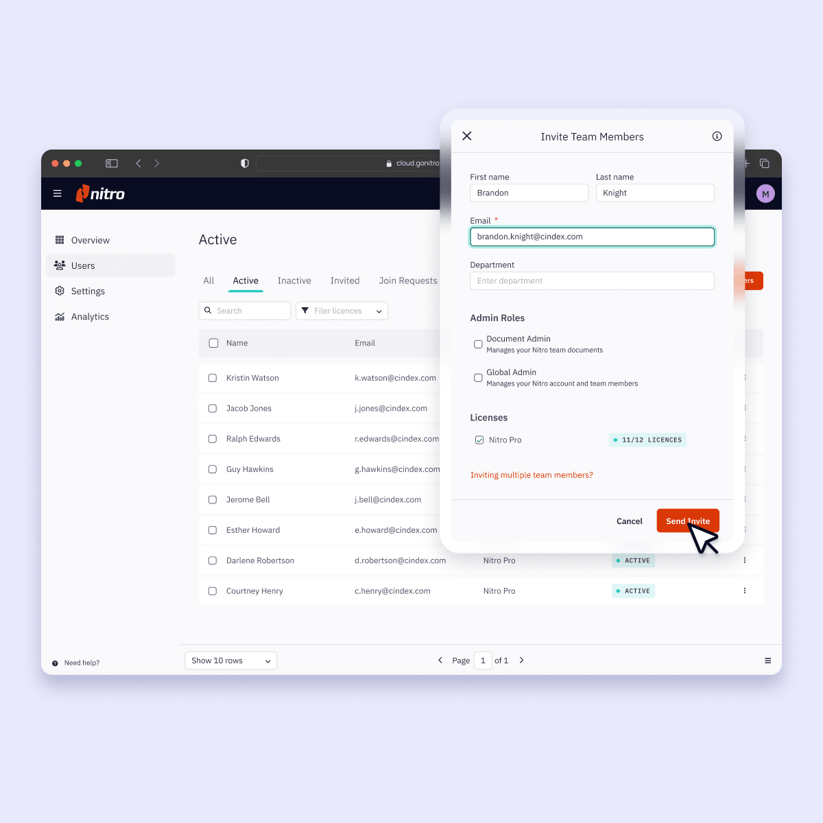 Screenshots highlighting the add user feature of Nitro
